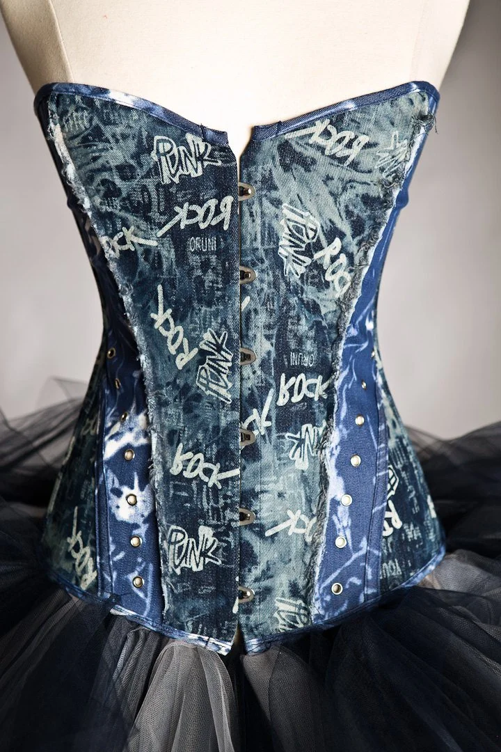 Custom size Punk Rock Blue and silver denim and tulle corset High Low burlesque prom dress small-XL Glamtastik Custom size Punk Rock Blue and silver denim and tulle corset High Low burlesque prom dress small-XL Glamtastik