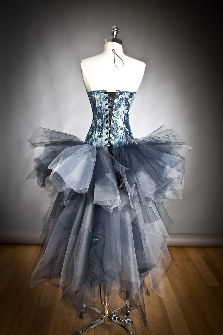 Custom size Punk Rock Blue and silver denim and tulle corset High Low burlesque prom dress small-XL Glamtastik Custom size Punk Rock Blue and silver denim and tulle corset High Low burlesque prom dress small-XL Glamtastik