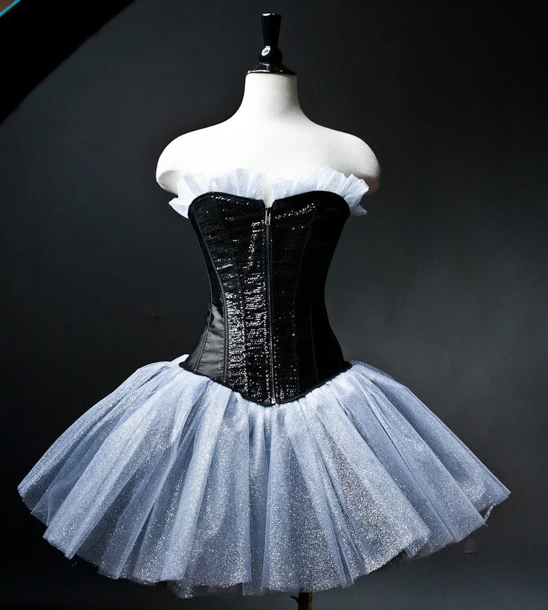 Custom small black and silver sparkle tulle corset prom dress available in Small -XL