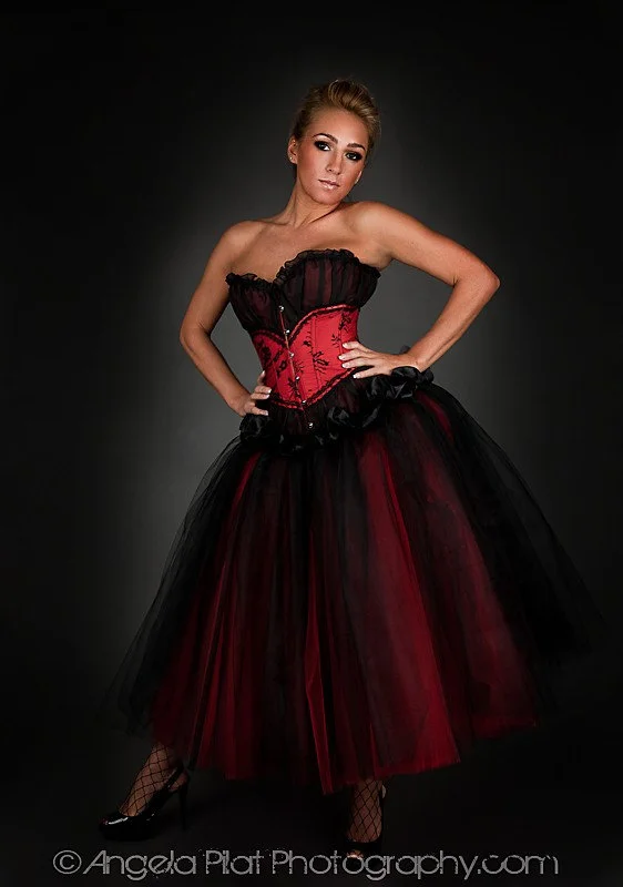 Custom Size red and black lace tea length burlesque corset Prom dress
