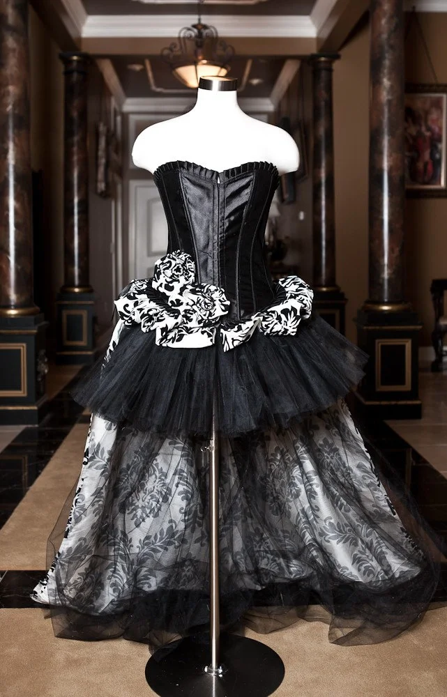 Custom Size Black and white damask and tulle burlesque corset prom dress