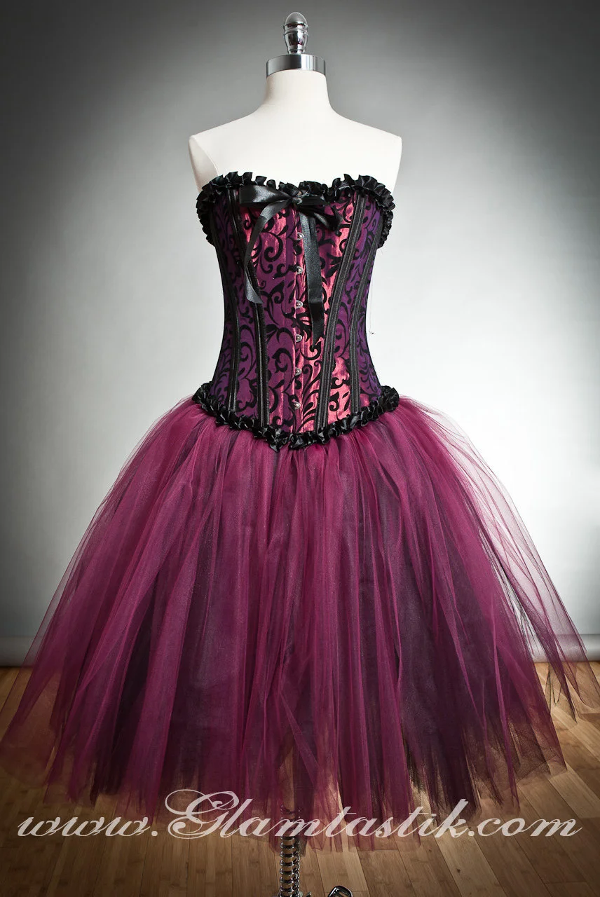 Custom size black and maroon tulle Burlesque Corset Prom dress tea length small-XL