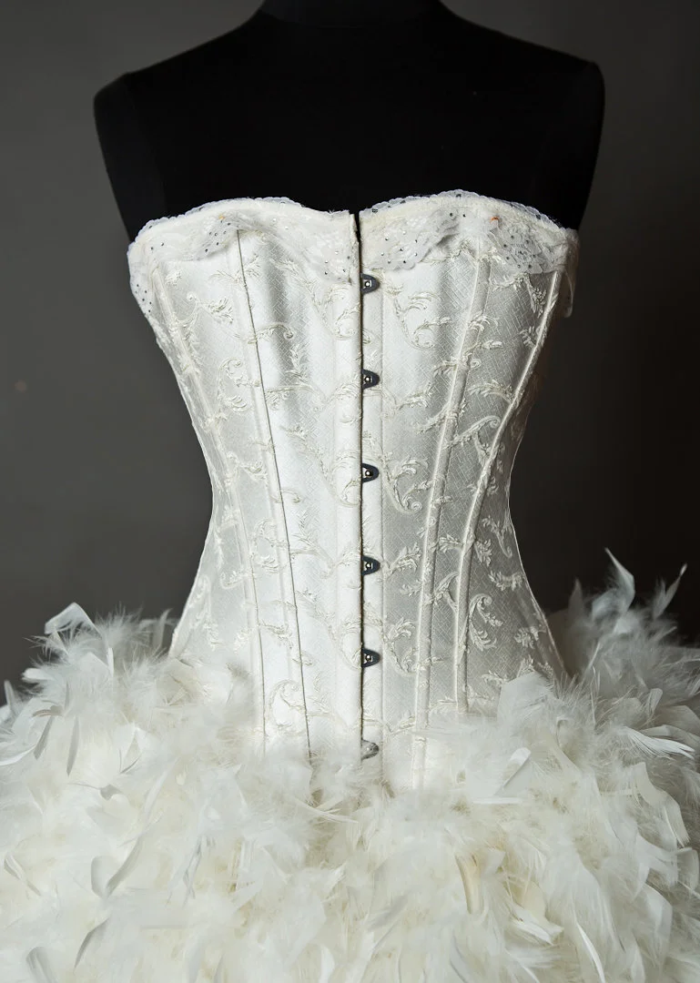 Custom size ivory Steampunk Burlesque corset feather and tulle wedding gown  s-xl  Glamtastik