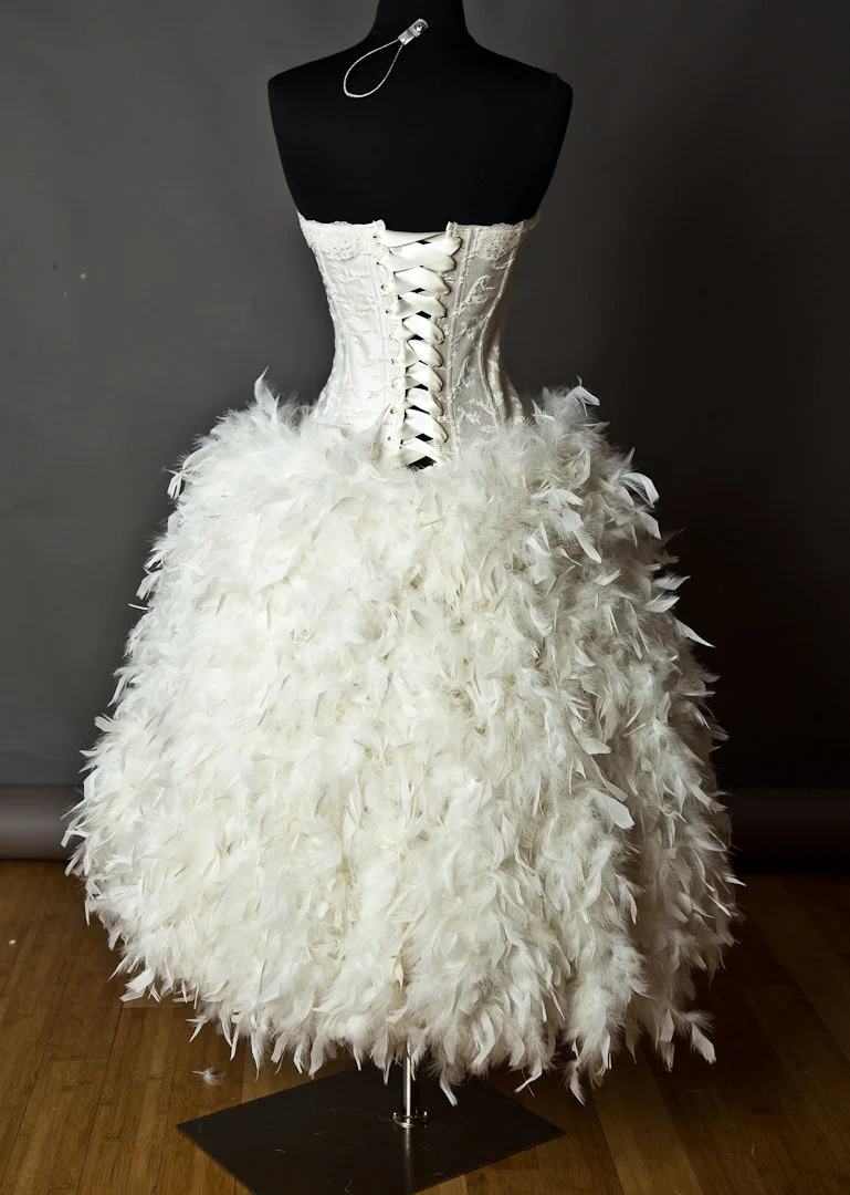 Custom size ivory Steampunk Burlesque corset feather and tulle wedding gown  s-xl  Glamtastik
