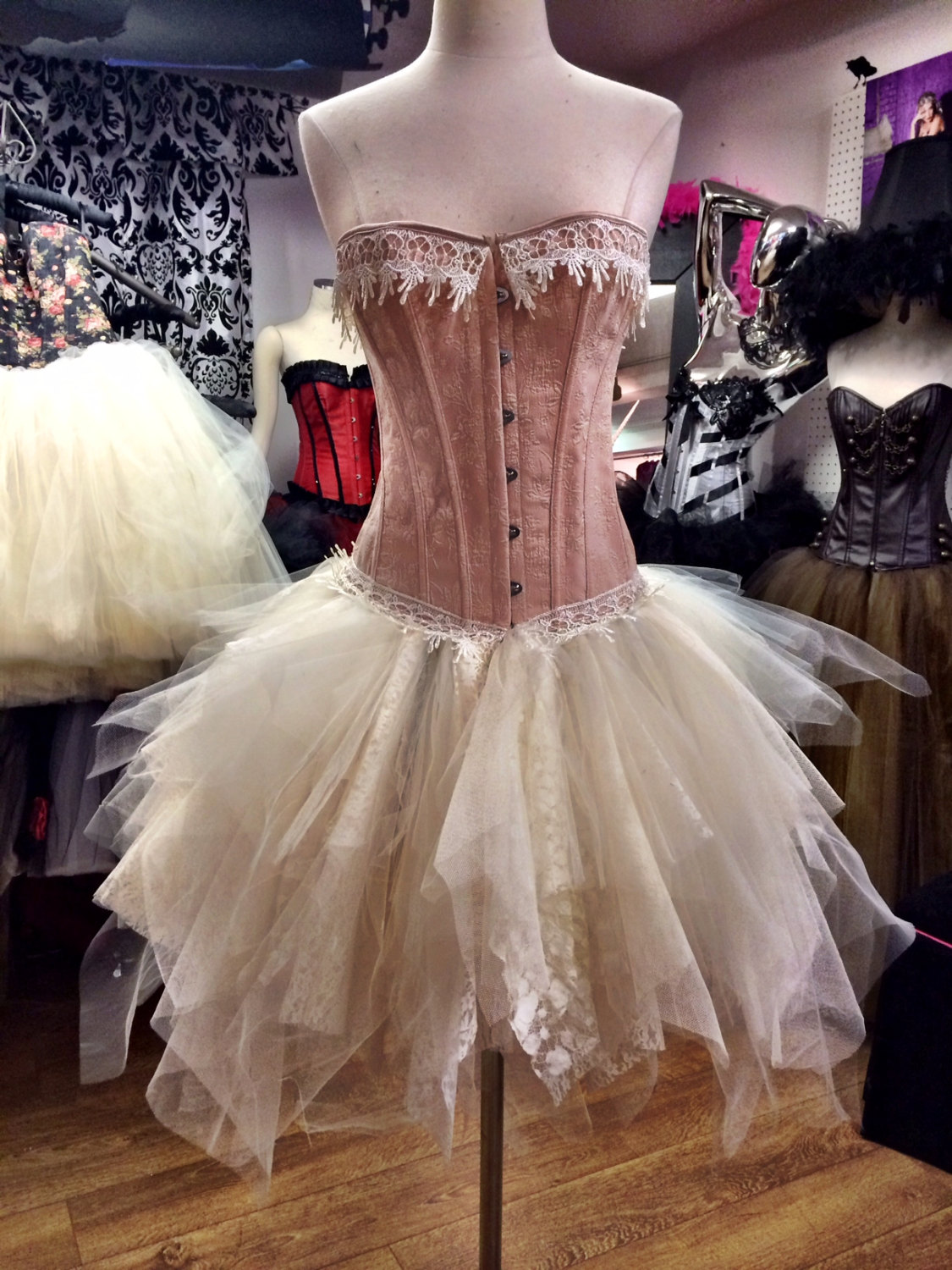 Custom Size Peach and ivory lace tutu burlesque corset prom formal dress  Small-XL — Glamtastik