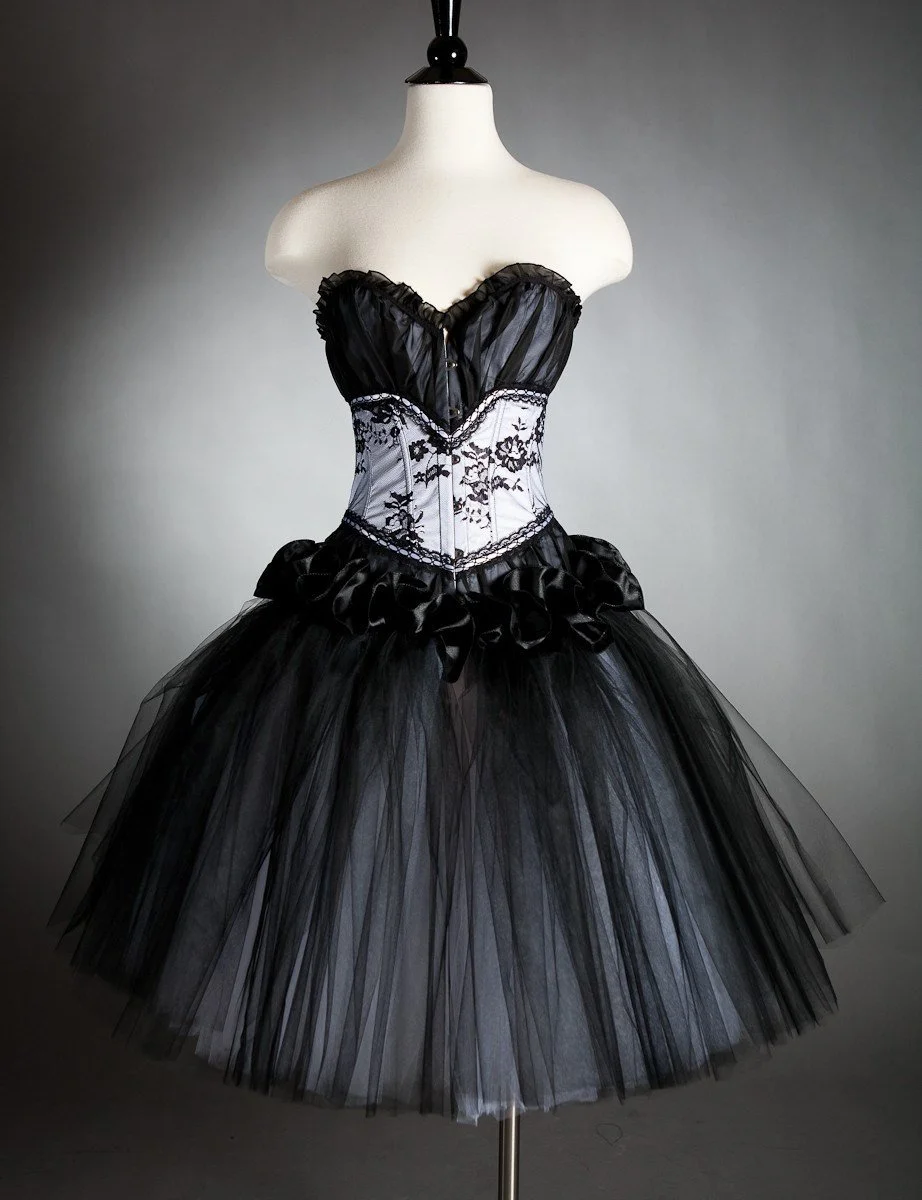 Custom size black and white Tea Length tulle Burlesque Corset Prom dress small-XL