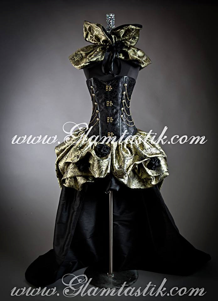 Custom Size Black and Gold Steampunk Burlesque corset bustled train chain  and roses prom dress S-XL  Glamtastik