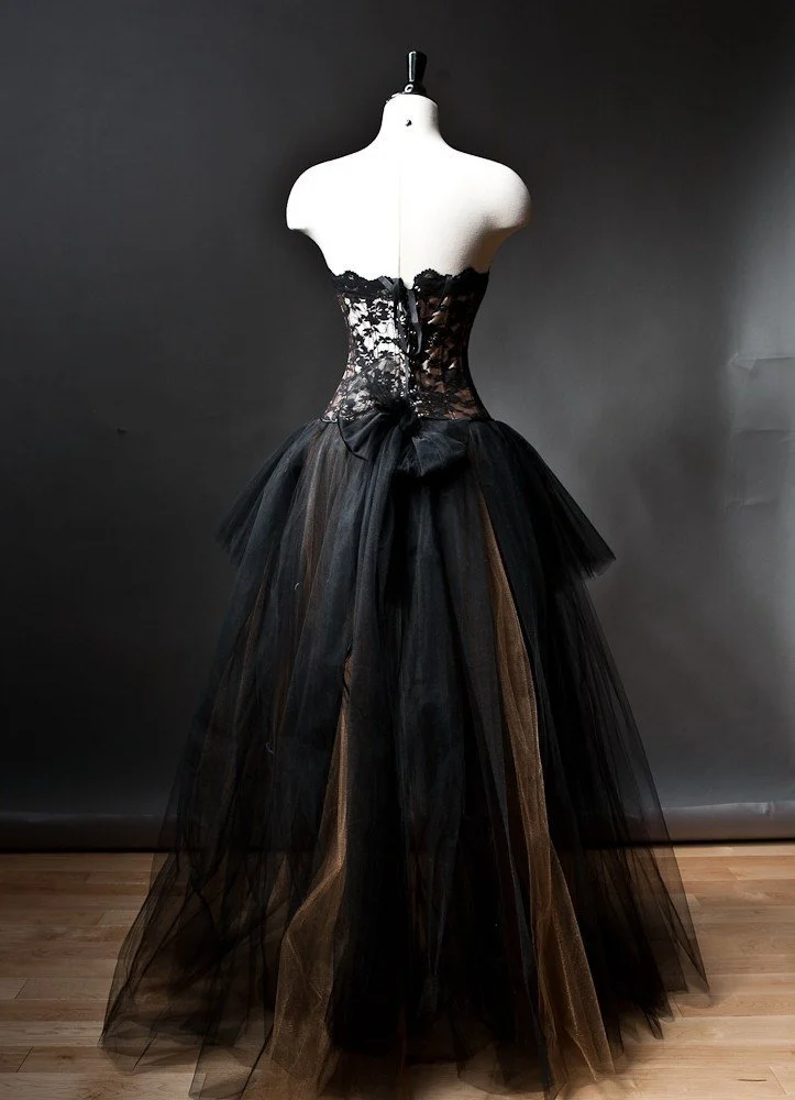 black burlesque corset dress Custom Size and Gold lace and tulle — Glamtastik Champagne Sequin Prom Dresses,Open gothic black corset dress Our Little Burlesque Dress mesh pocket Size:Newborn bodysuit