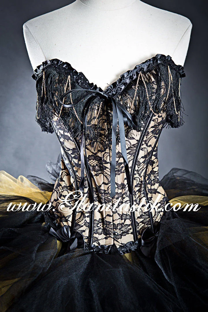 Custom Size Black and Gold lace chain and tulle Burlesque Corset Dress full length ballgown Glamtastik Custom Size Black and Gold lace chain and tulle Burlesque Corset Dress full length ballgown Glamtastik