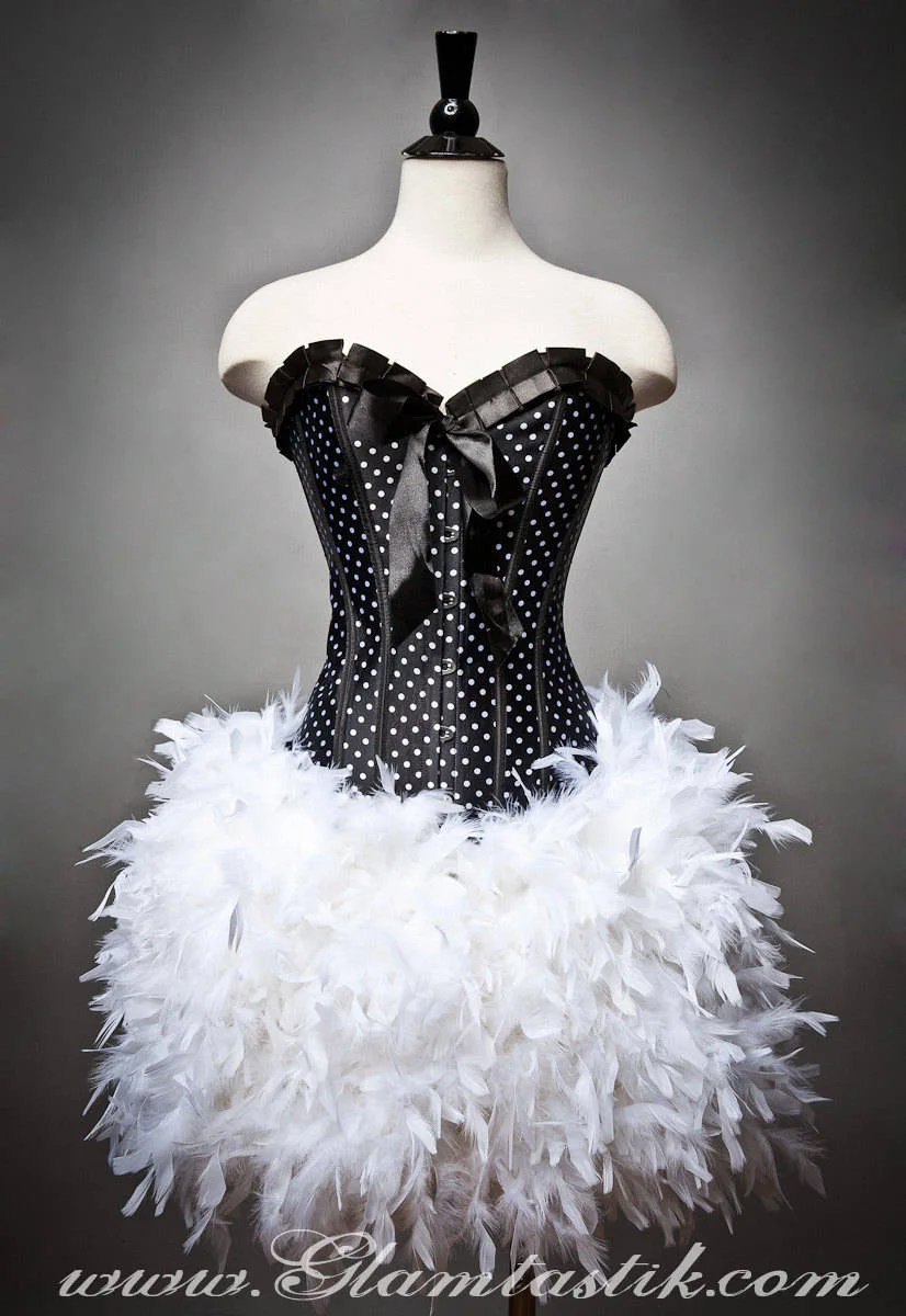 Custom sizel Black and White Polka Dot Burlesque Feather Corset Dress available in small-XL