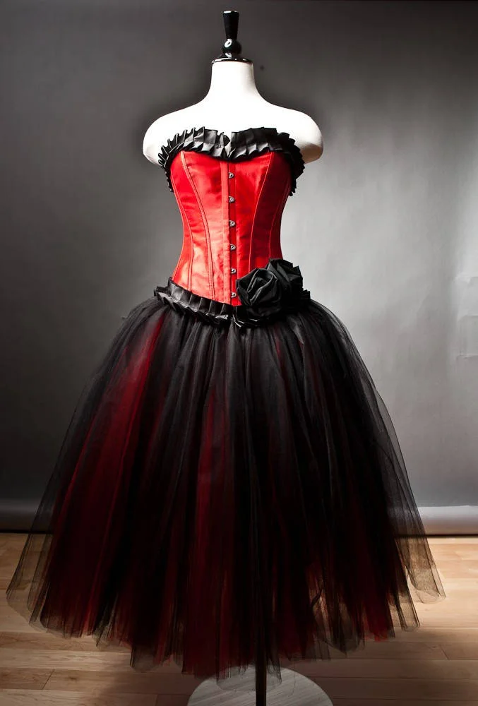 Custom Size Red and Black burlesque corset prom dress tea length available in small-xl