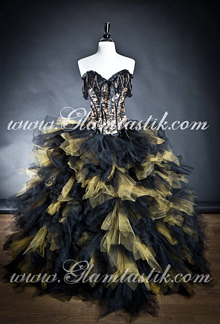 Custom Size Black and Gold lace chain and tulle Burlesque Corset Dress full length ballgown