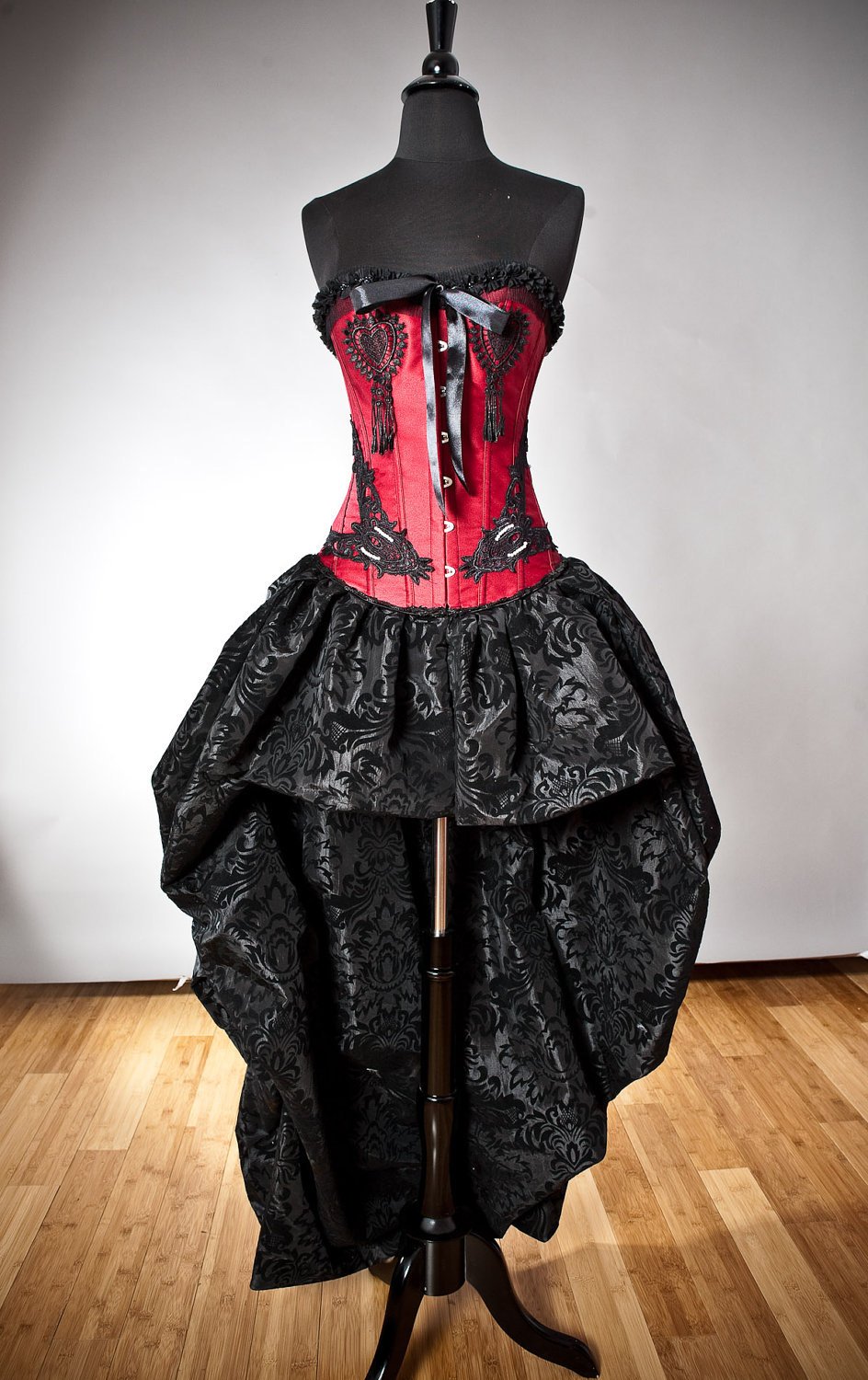 Custom Size Red and Black Lace Ruffle bustle Burlesque Corset prom Gown