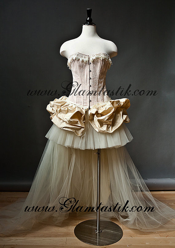 Custom Size Peach and ivory Burlesque Corset wedding prom dress with train