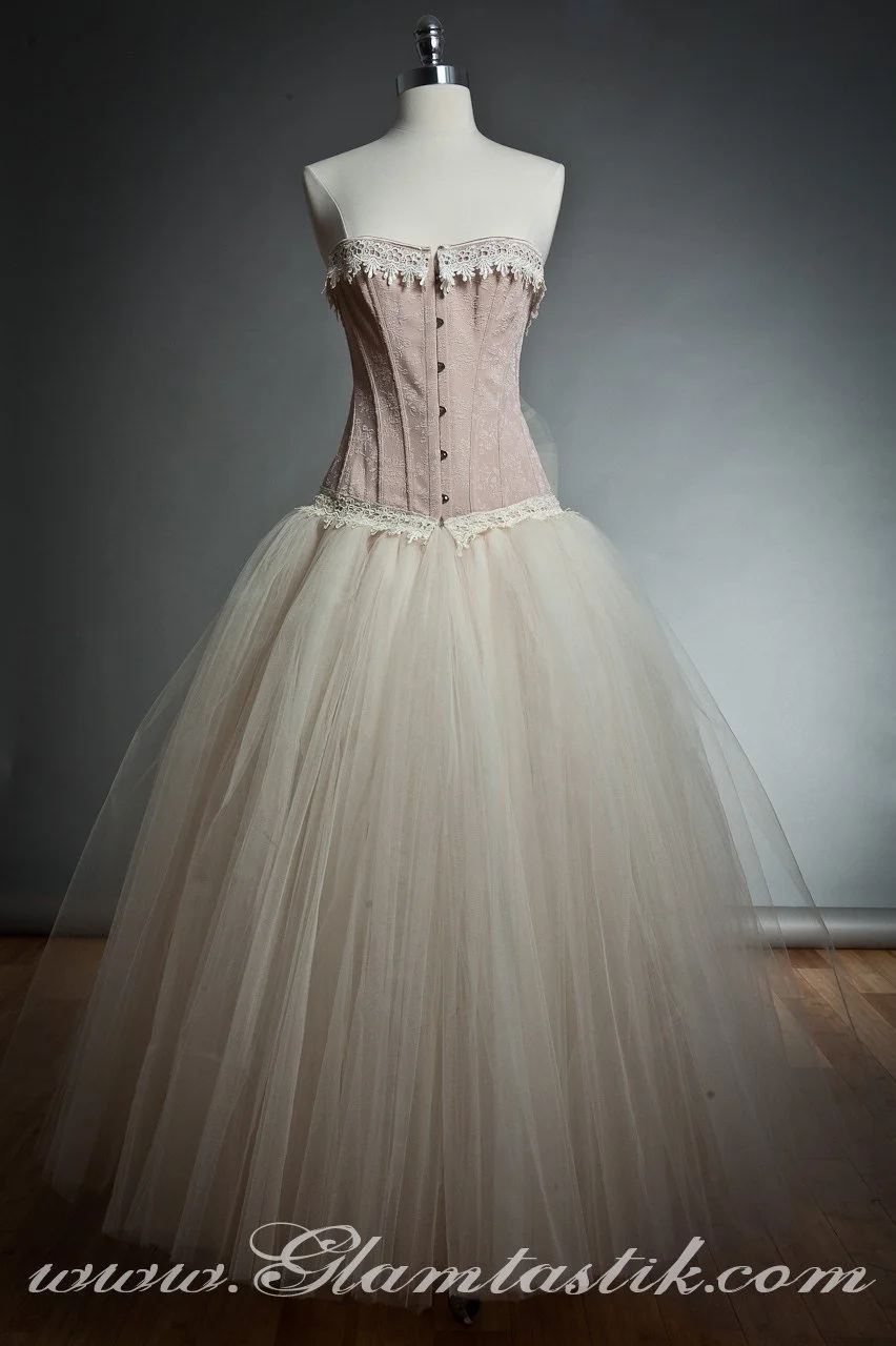 Custom Size Peach and ivory lace burlesque corset prom dress full length