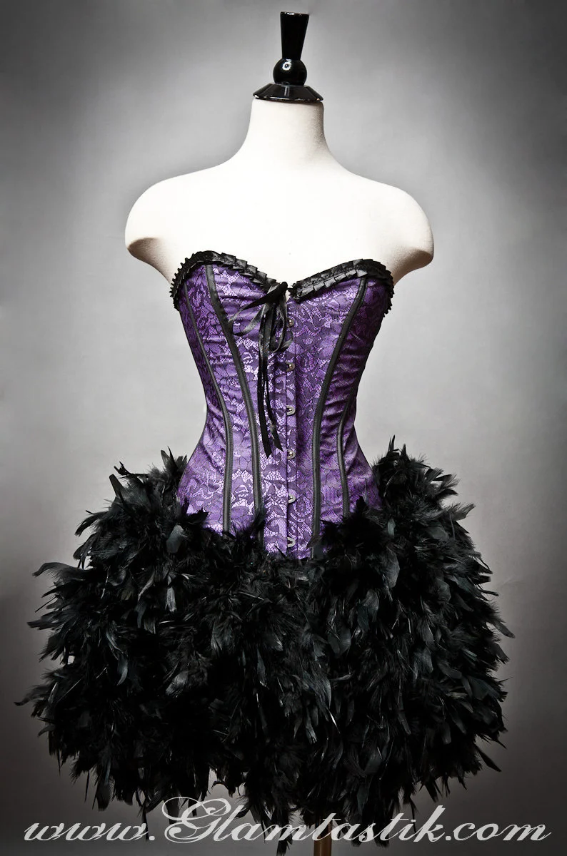 Custom Size Purple and Black lace Burlesque Feather Corset Dress