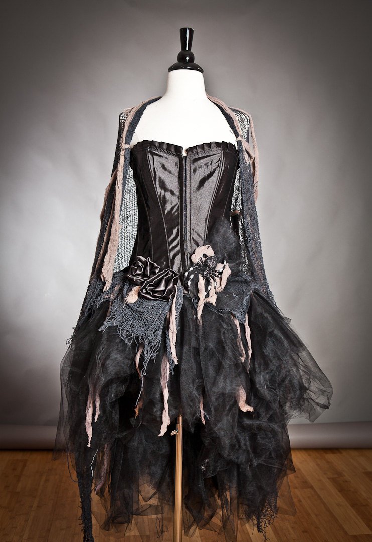 Custom Size black and tan Burlesque zombie corset dress with cape