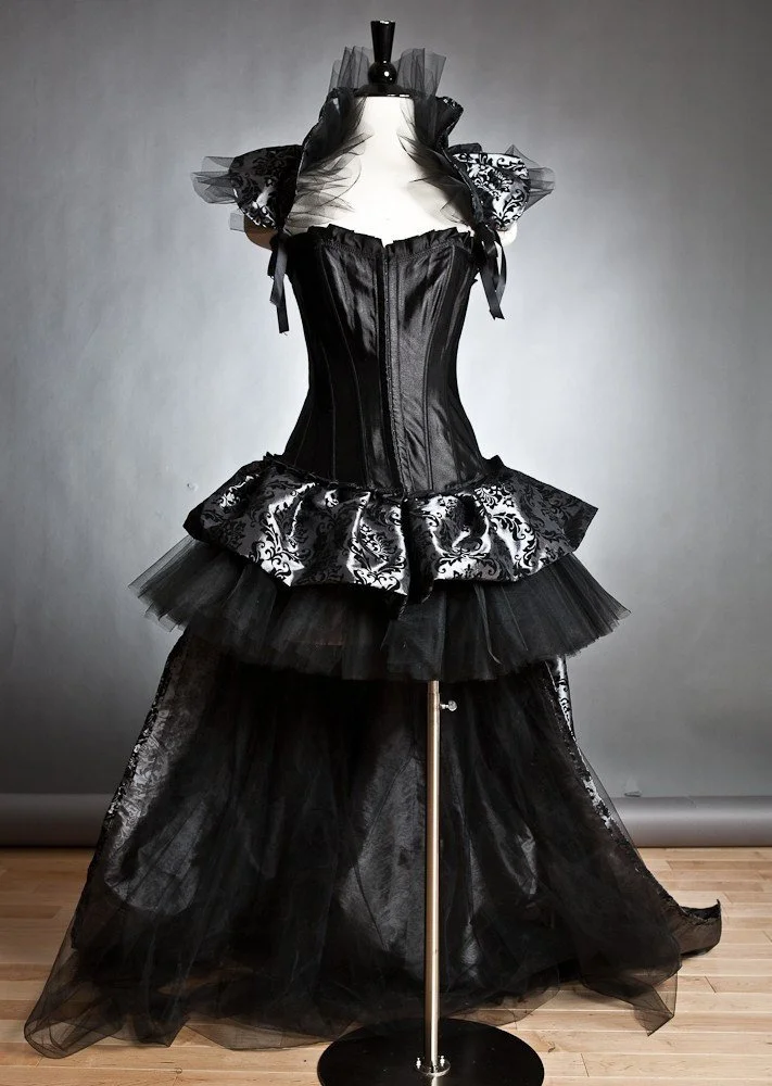 Custom Size black and silver long damask Burlesque tulle Corset dress size Small to XL