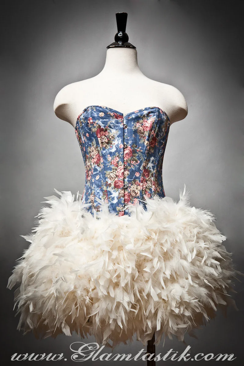 Custom size Floral and Jean Burlesque Feather Corset Dress available in sizes small-X large