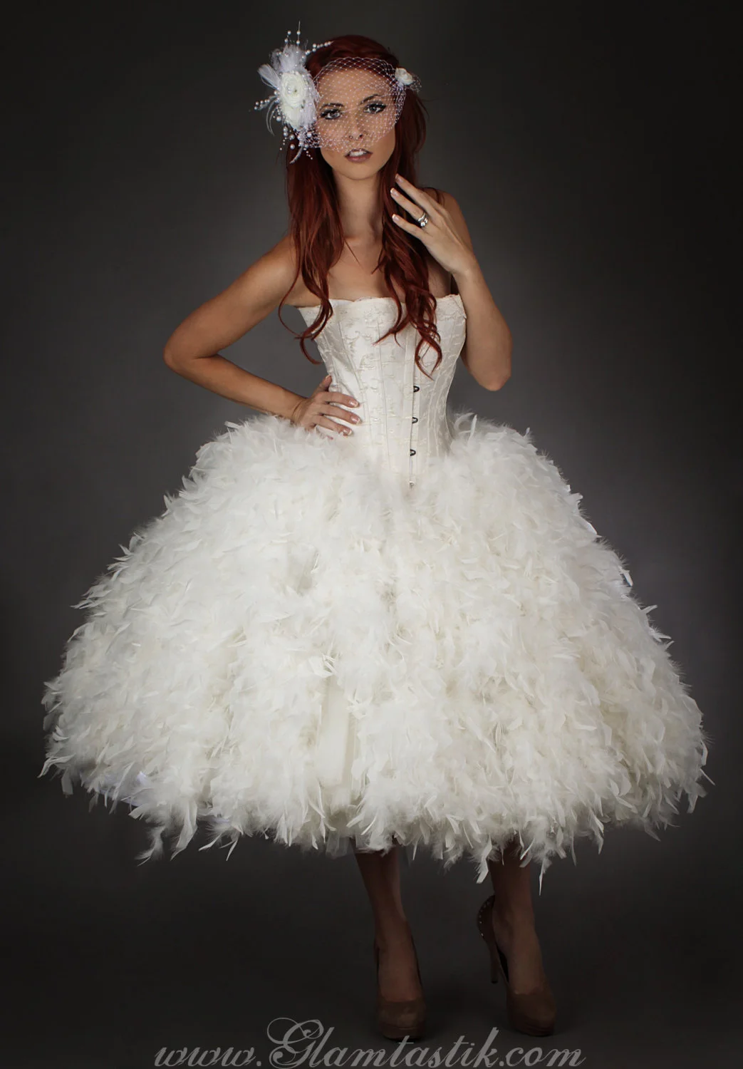 Custom size ivory Steampunk Burlesque corset feather and tulle wedding gown s-xl