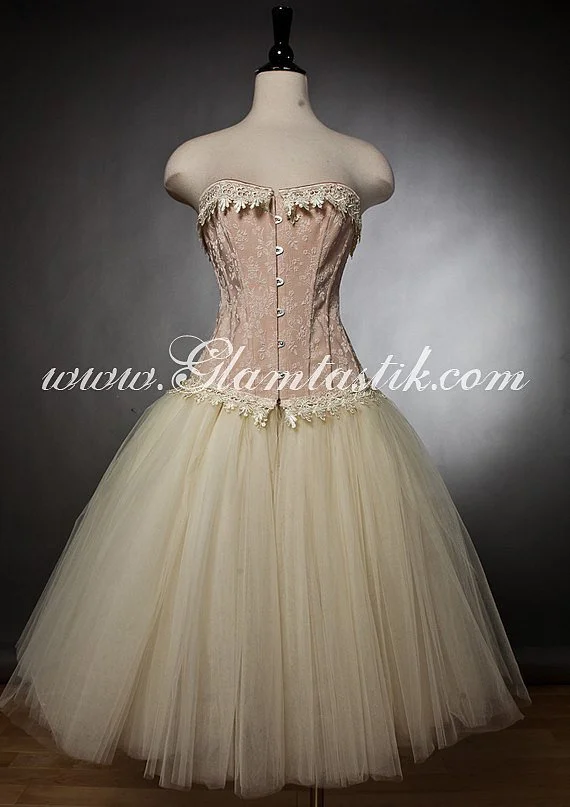 Custom Size Peach and ivory lace burlesque corset prom dress