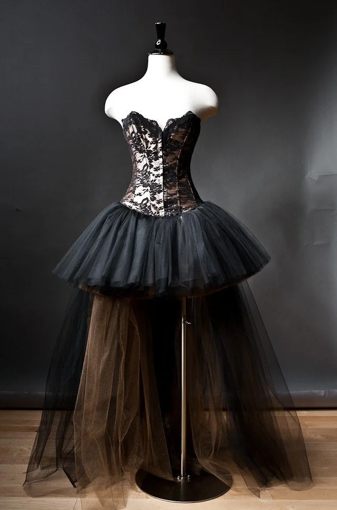 Custom Size Black and Gold lace and tulle Burlesque Corset Dress