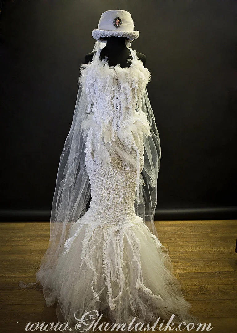 Custom Size white victorian zombie ghost burlesque corset costume dress with top hat S-XL