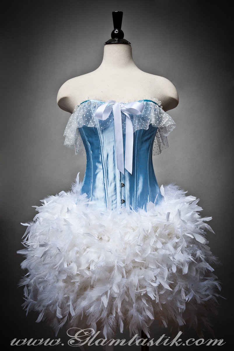 Custom Size Baby Blue and White Burlesque Feather Corset Dress