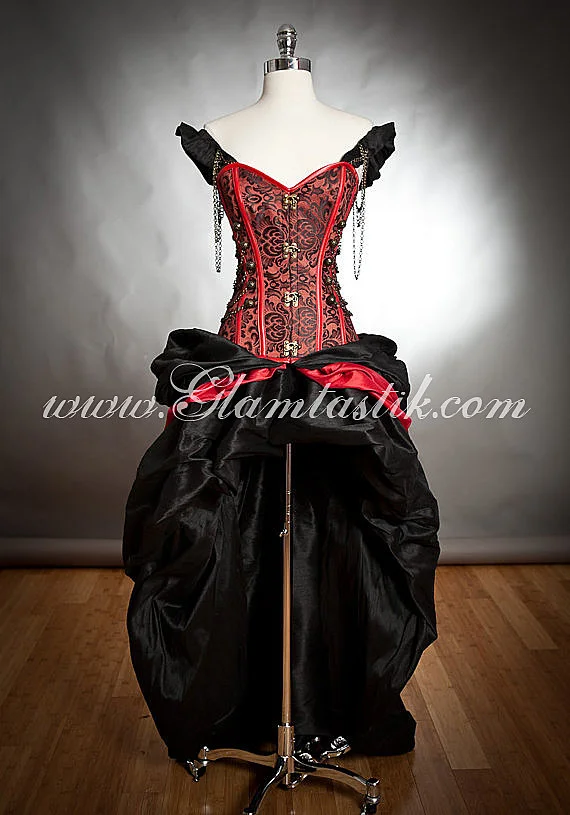Custom Size Black and Red Steampunk Burlesque corset with train prom dress