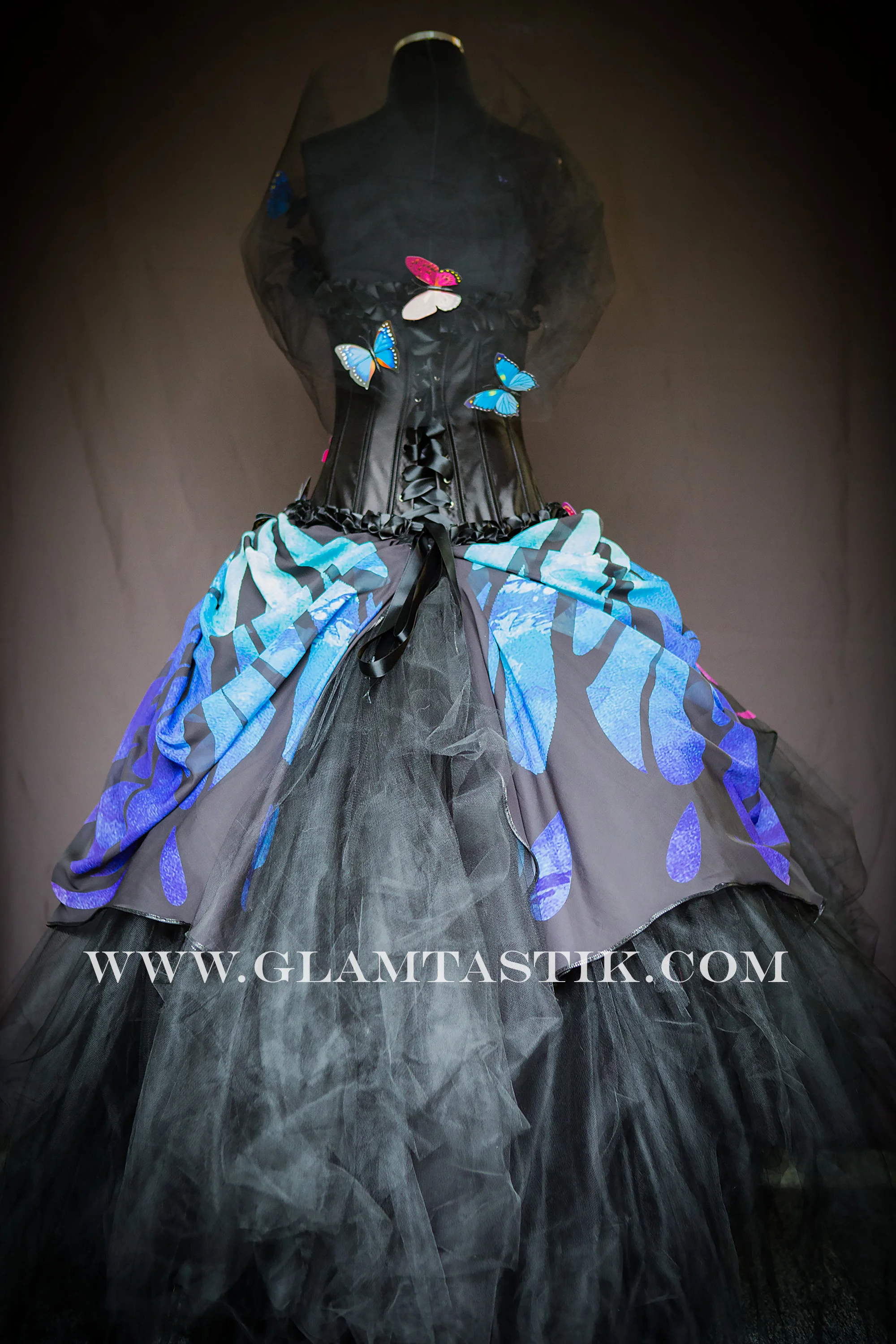 Size XL Blue purple pink and Black burlesque corset Ball gown corset with butterflies and bolero Ready to Ship Glamtastik Size XL Blue purple pink and Black burlesque corset Ball gown corset with butterflies and bolero Ready to Ship Glamtastik