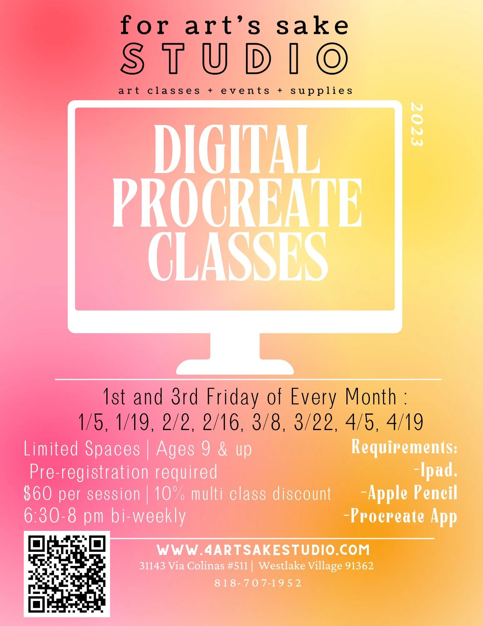 NEW workshops & events — For Art's Sake