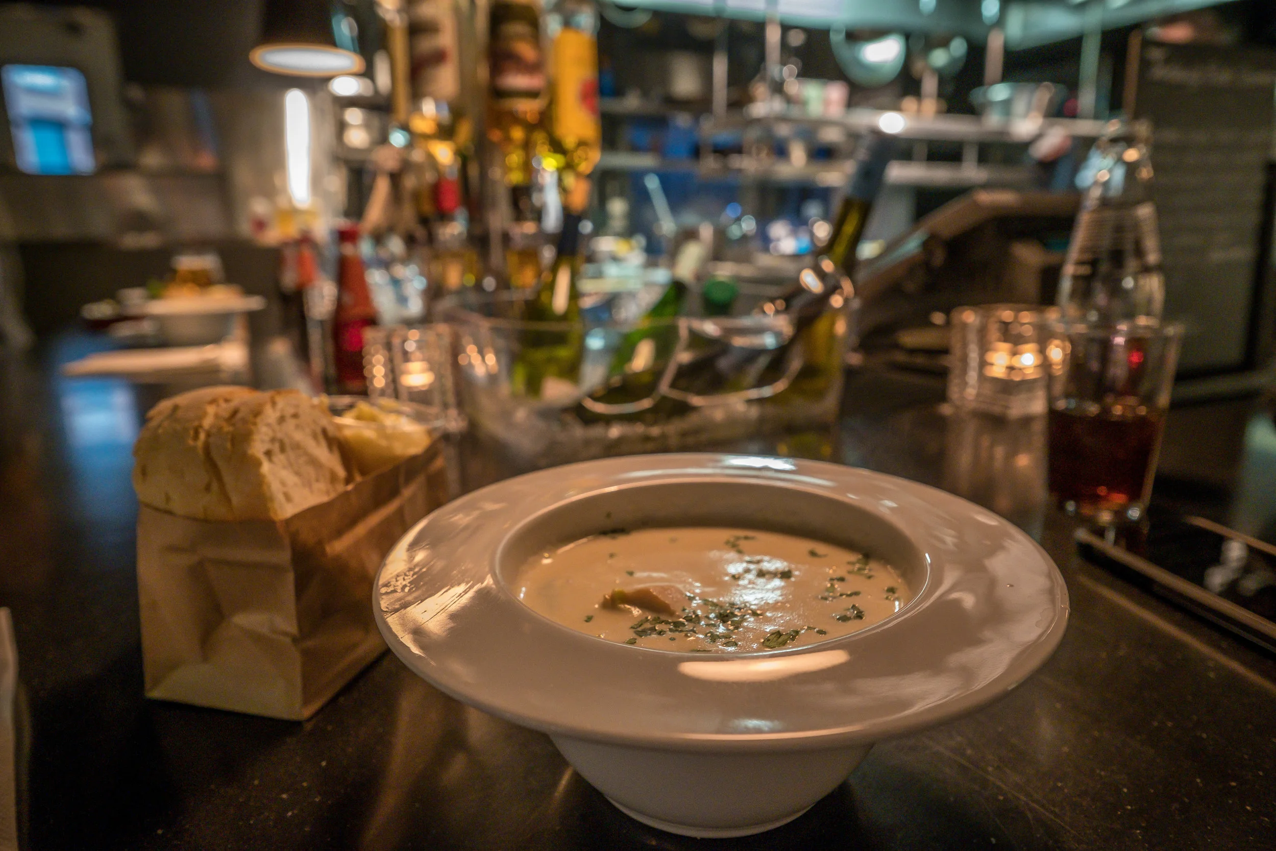 All the seafood is in the creamy bowl of heavenly soup.