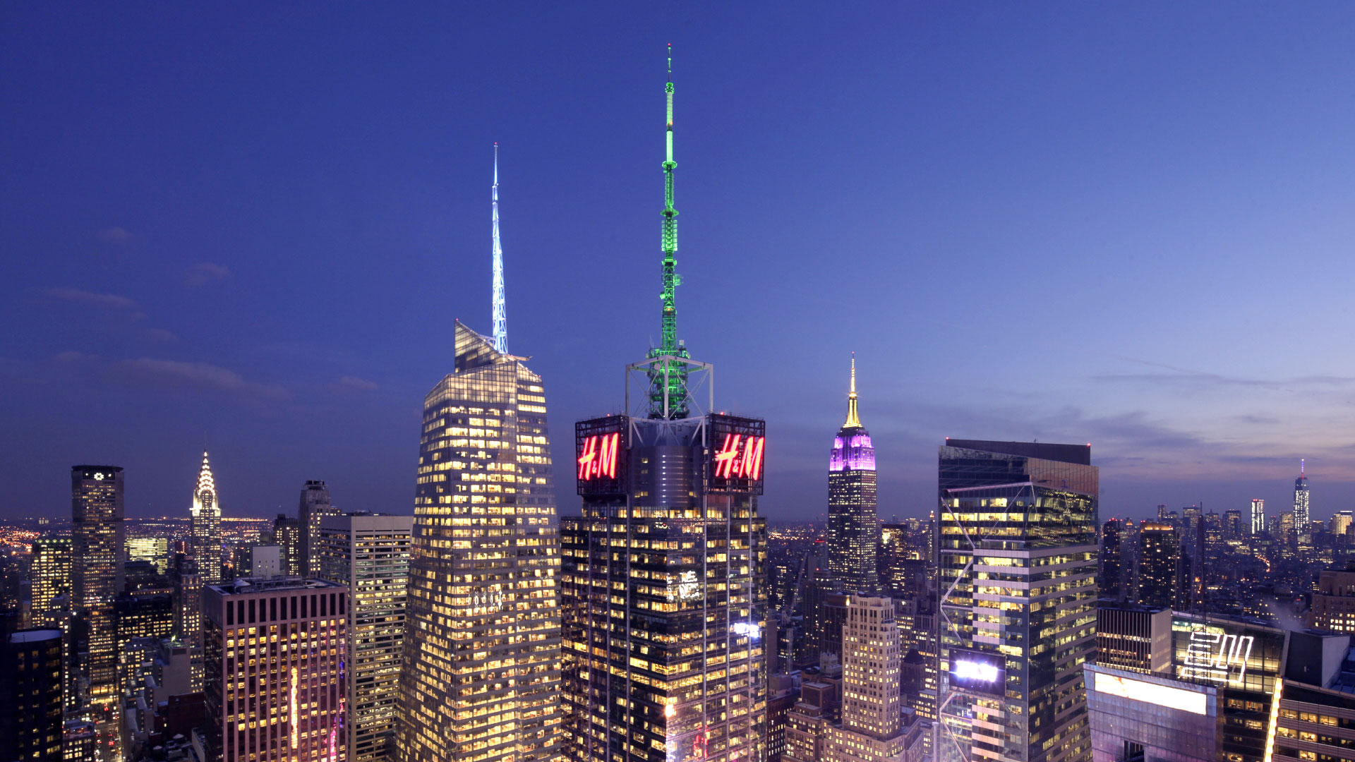 Aerial shot of 4 Times Square (H&M), with the Durst Organization’s other office tower, 1 Bryant Park, to its left. Credit: The Durst Organization