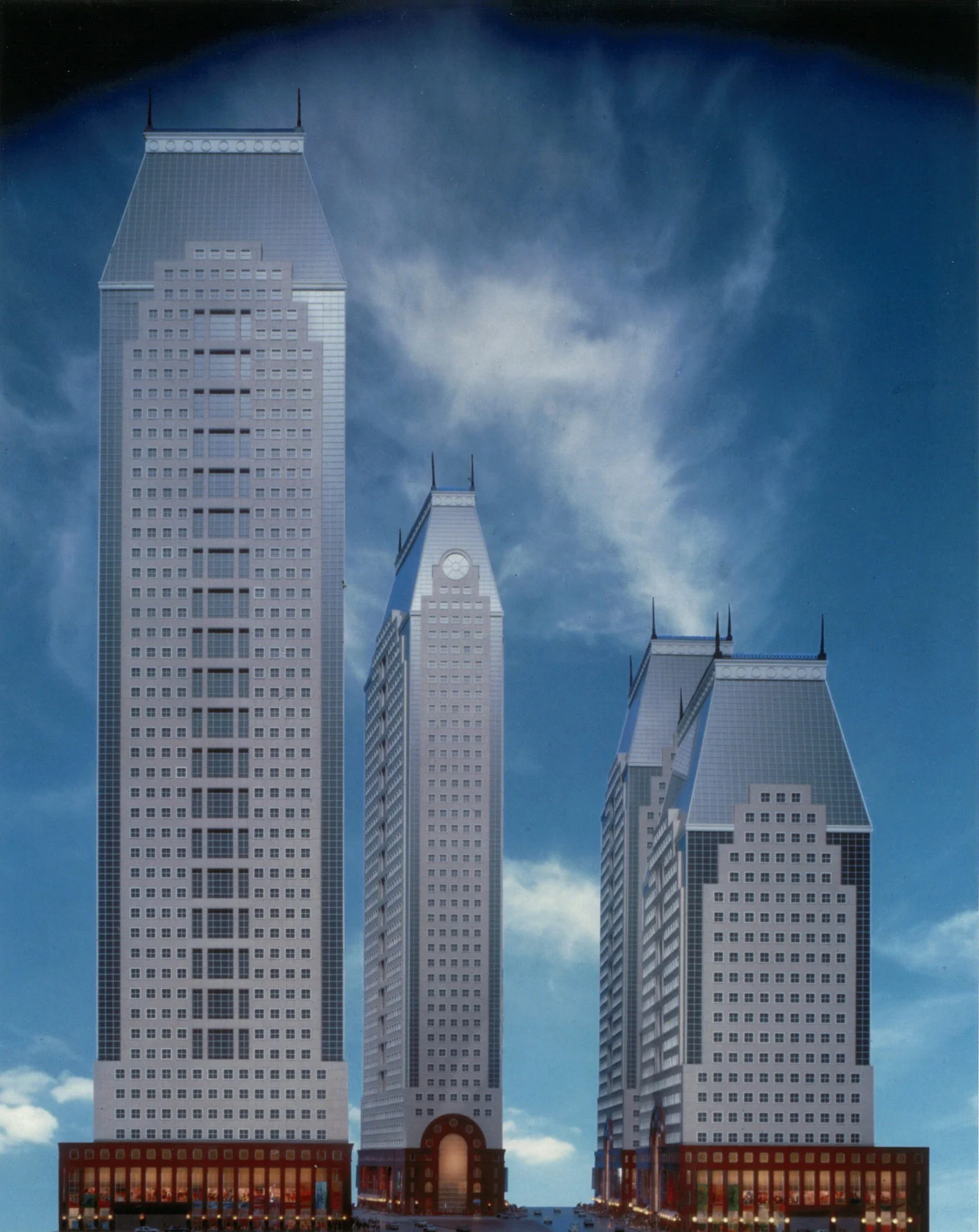 Park Tower Realty continued to evolve the designs of the office towers to better conform to the signage and lighting guidelines. Ultimately, as the office market bottomed out, the plans for the four towers were not pursued. Credit: Park Tower Realty and Thorney Lieberman