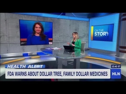 Dr. Anita Gupta, expert renowned board certified anesthesiologist featured in TV news broadcast with a female anchor in green on set, and a large screen displaying a woman in a blue top, with ticker text about FDA warnings on dollar store medicines.