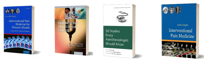 Four medical books about pain management, anesthesia, and women's health.