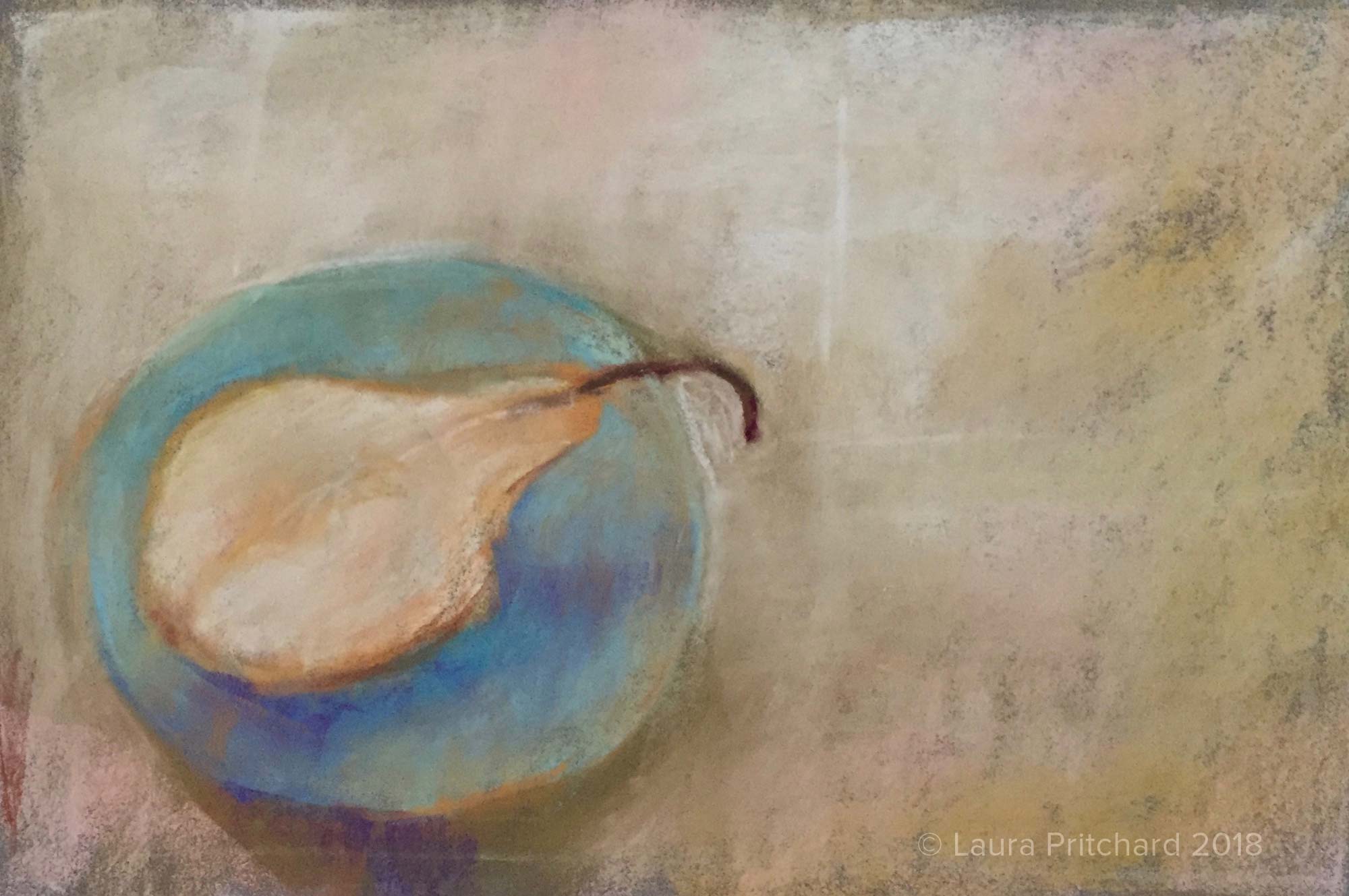 2016. Pear on blue saucer.