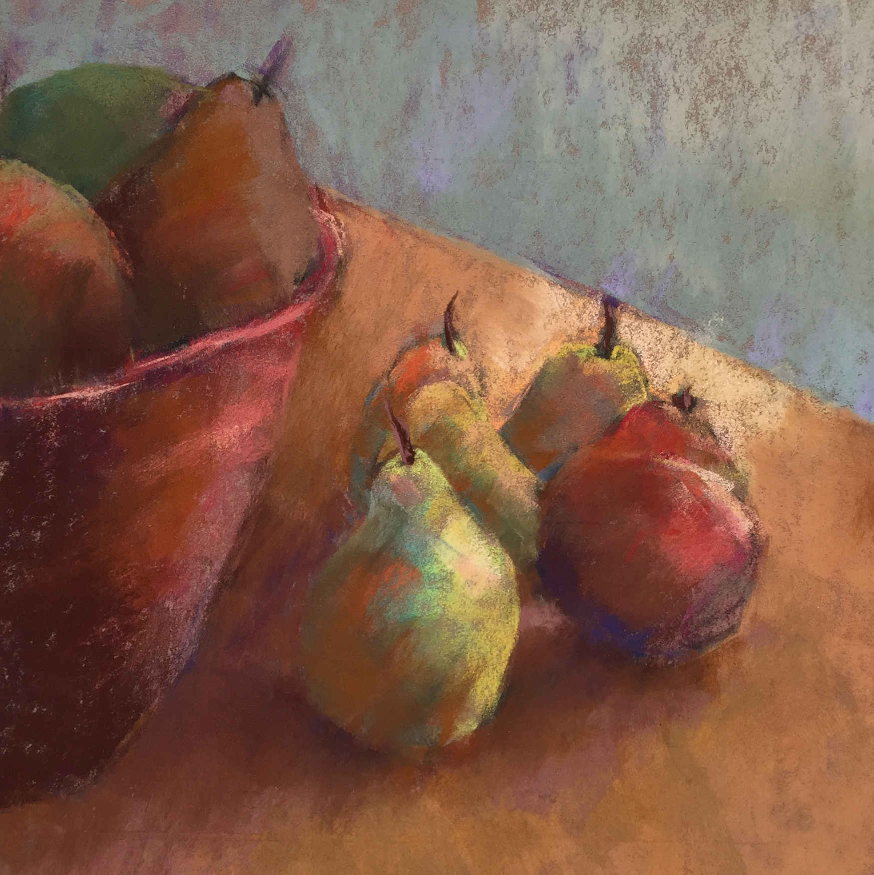 Five pears with fruit bowl.