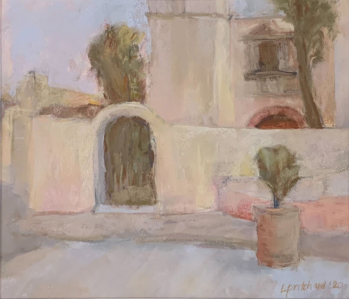 Atotonilco Church Courtyard, 2020. 9.5 x 8.25, 16 x 14.5 framed. 