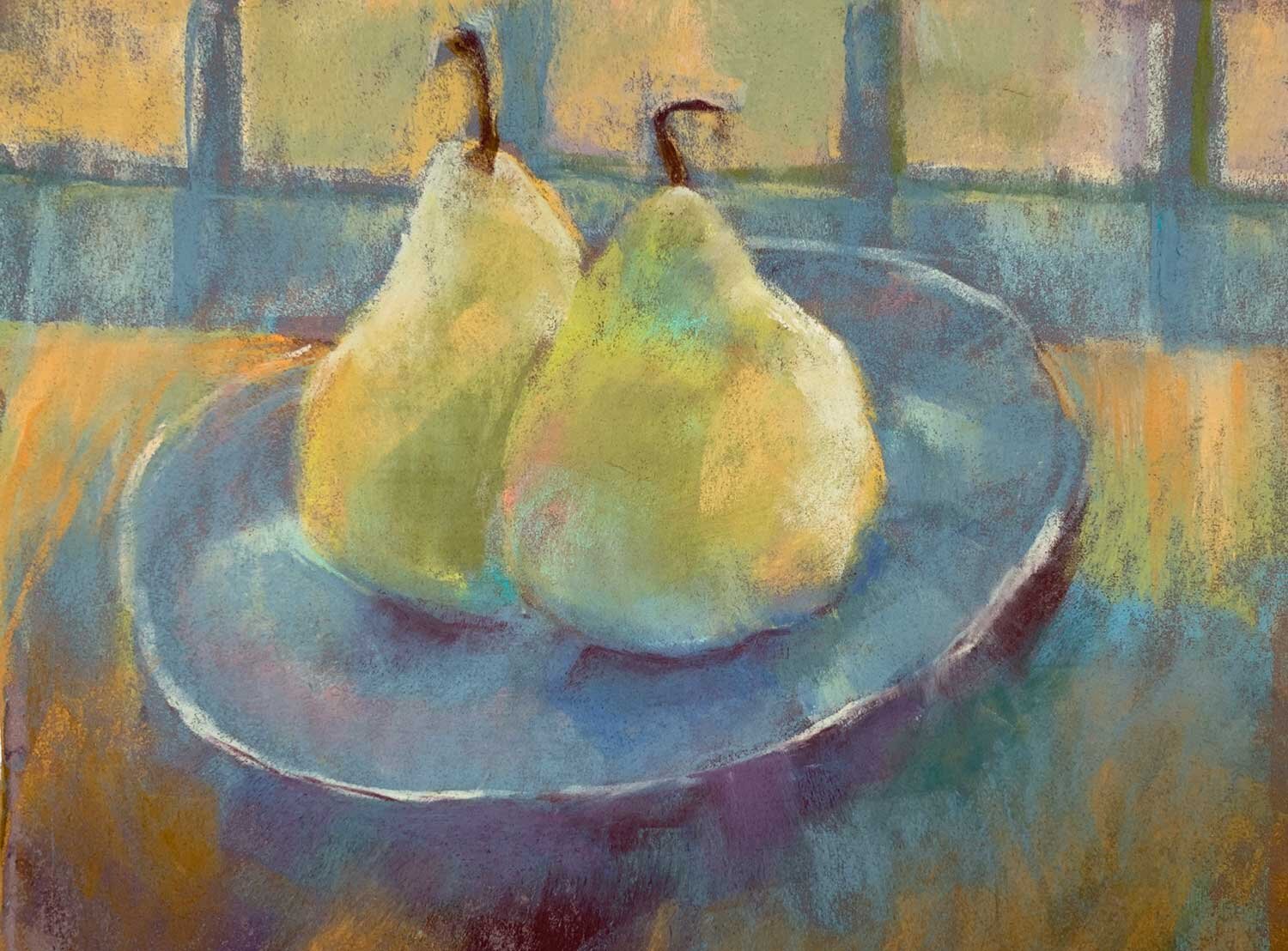 2020. Pears with Blue and Gold, 8 x 6, 13 x 11.5 framed.