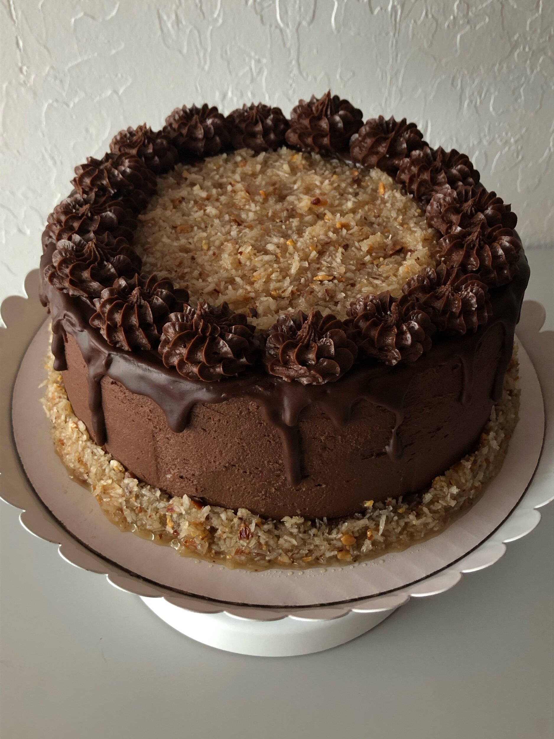  German Chocolate Cake with added chocolate drip 