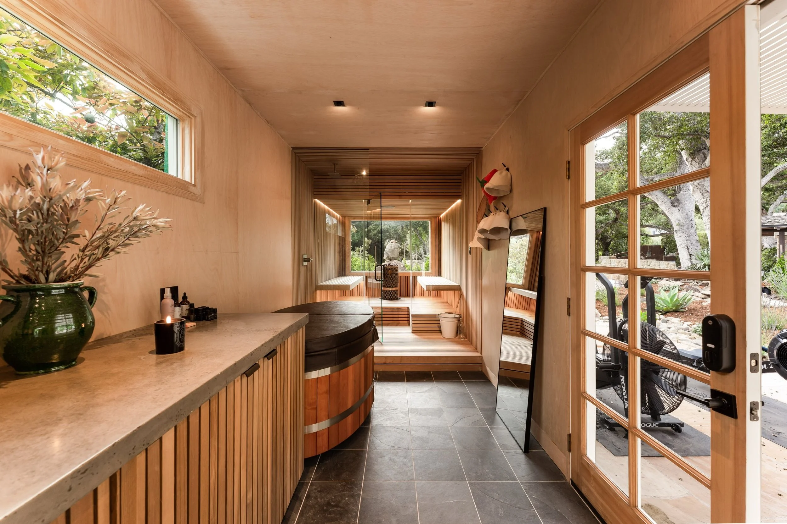 Converting a cold steel shipping container into a warm wood sauna provided an immersive wellness experience to complete this Montecito estate.

#brockitecture #architecture #interiordesign #centralcoast #santabarbara