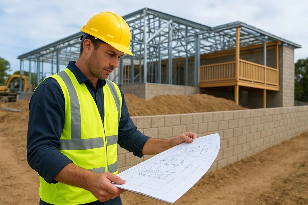 Construction contractor using approved development application plans on site.