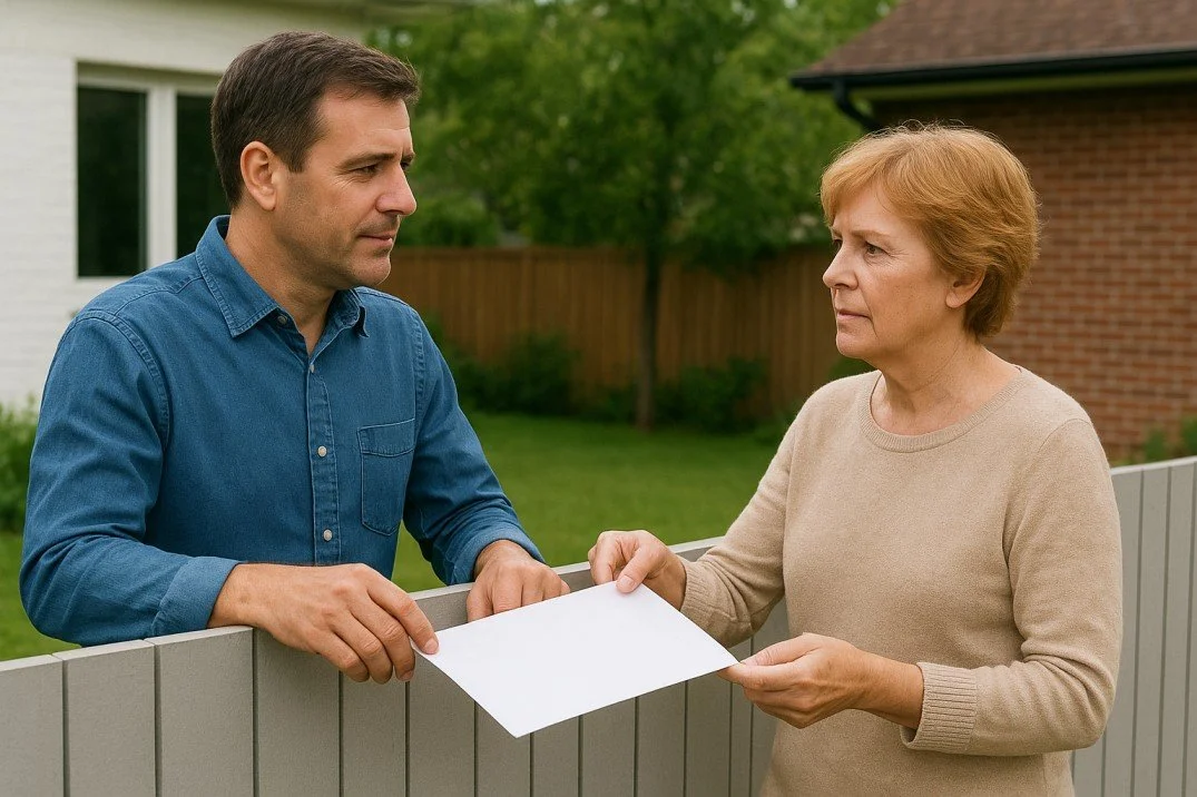 Person Handing Over a Document at a Fence