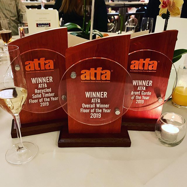 We’re having a bit of a night! Such an honour to win three awards at the Australasian Timber Flooring Association @_a_t_f_a_ Awards including Australasian Floor of the Year and Recycled Solid Timber Floor of the Year for the Lewisham Pod Grand Designs House, and Avant Garde of the Year for “That @simonancherstudio Couch”.