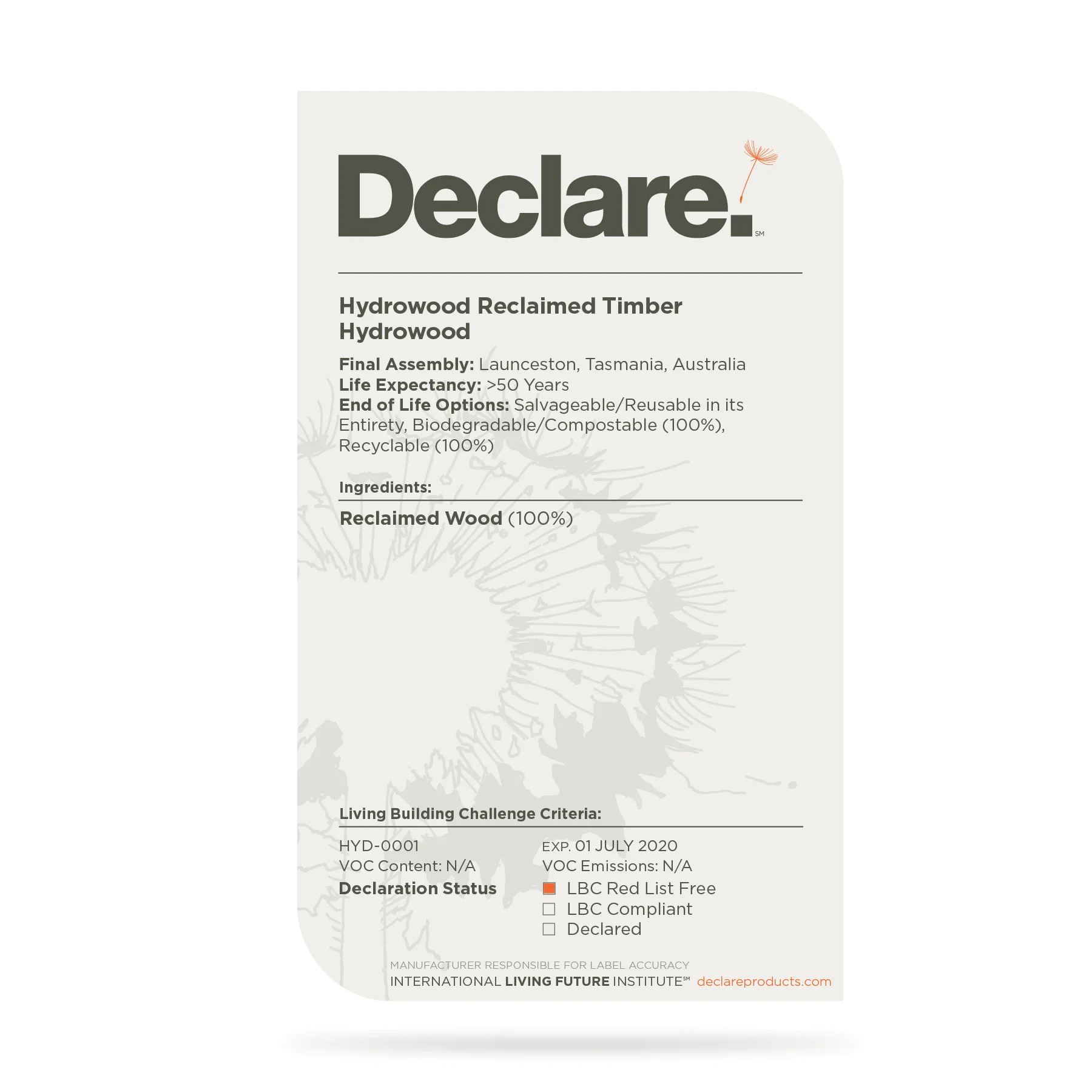 The Hydrowood Declare Label