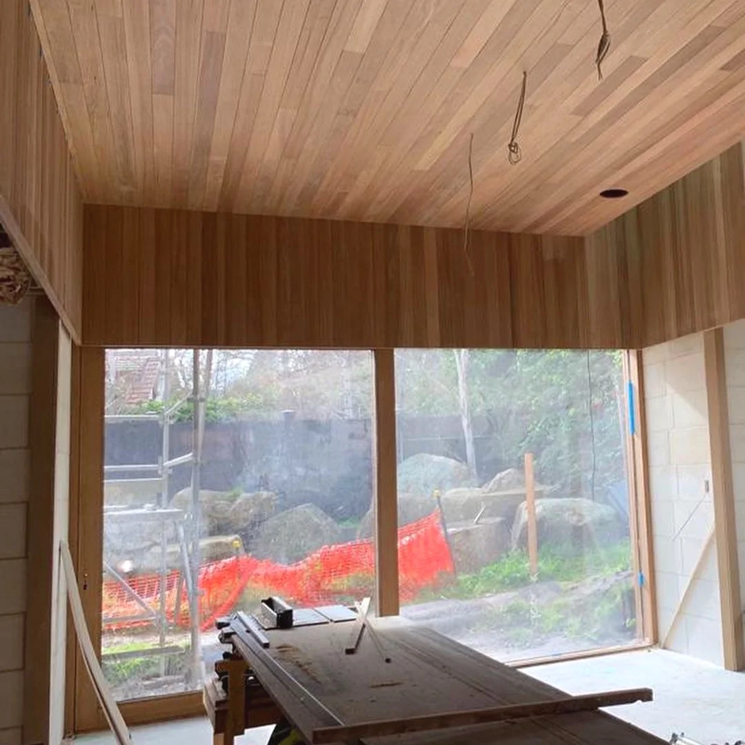 Work in Progress shot of the Limestone House Project, featuring Hydrowood Oak internal lining board. Image: John Wardle Architects
