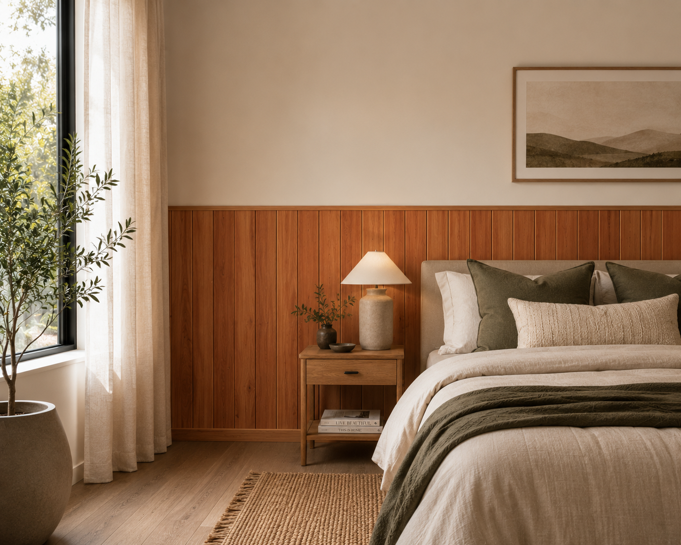 Myrtle timber VJ panel half wall in a contemporary bedroom
