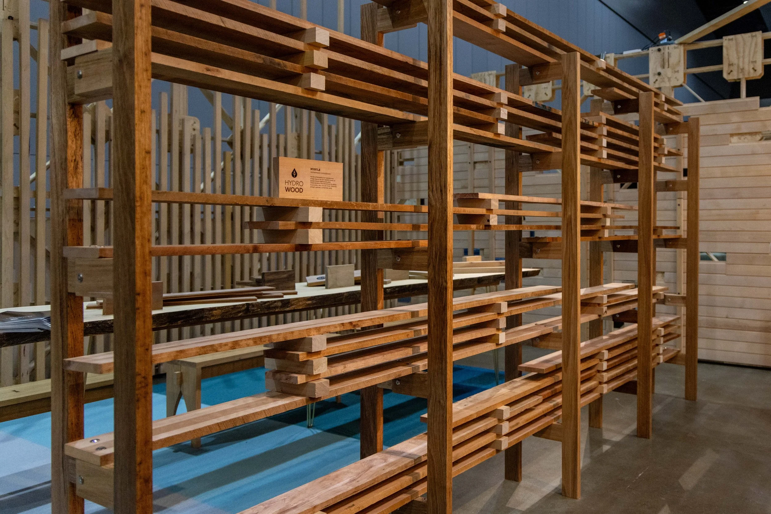 Myrtle timber display shelving built by Thirteen Architectural Timber at the Green Design Show in Melbourne