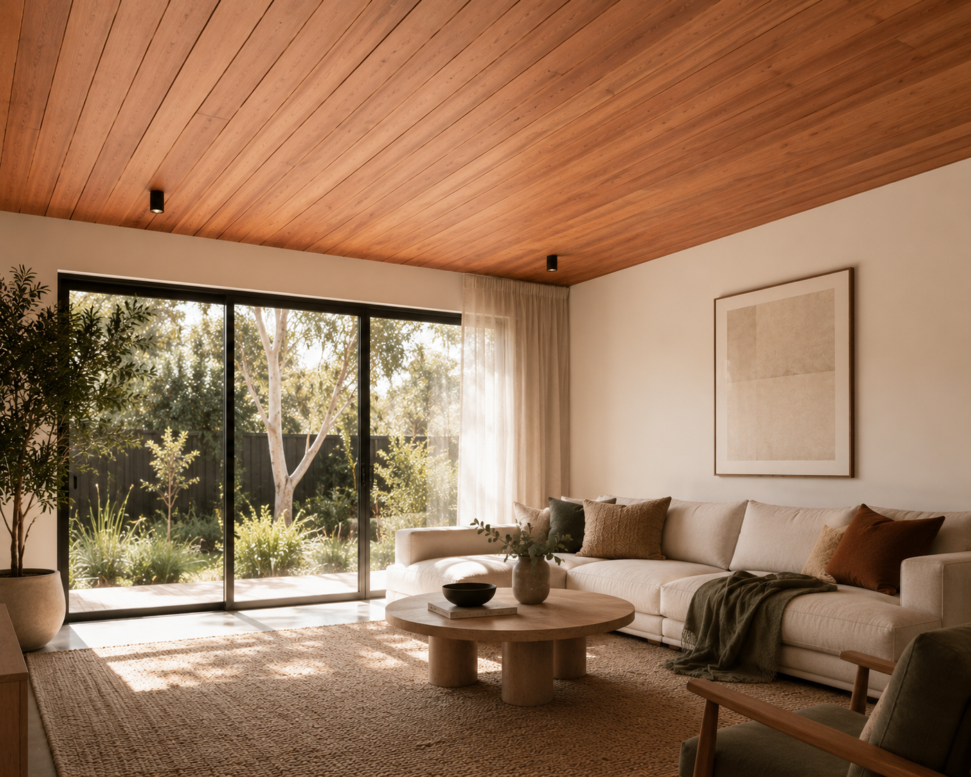 A myrtle timber VJ panelled ceiling in a contemporary living room